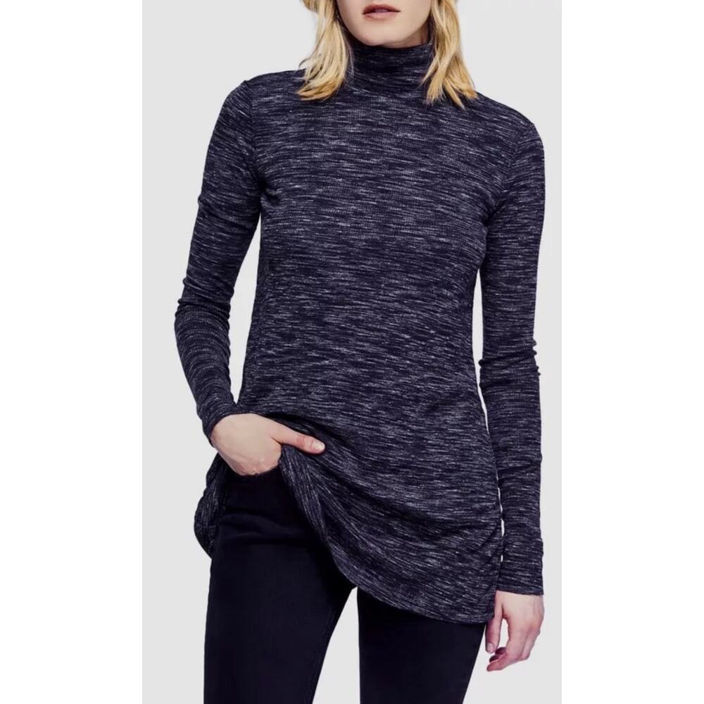 Free People Ribbed Turtle Neck Tunic Top Womens Size Medium Heather Black Boho